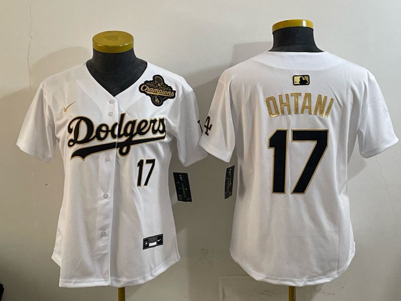 Women Nike 2026 Los Angeles Dodgers #17 Ohtani White Gold Game MLB Jersey 066->women mlb jersey->Women Jersey